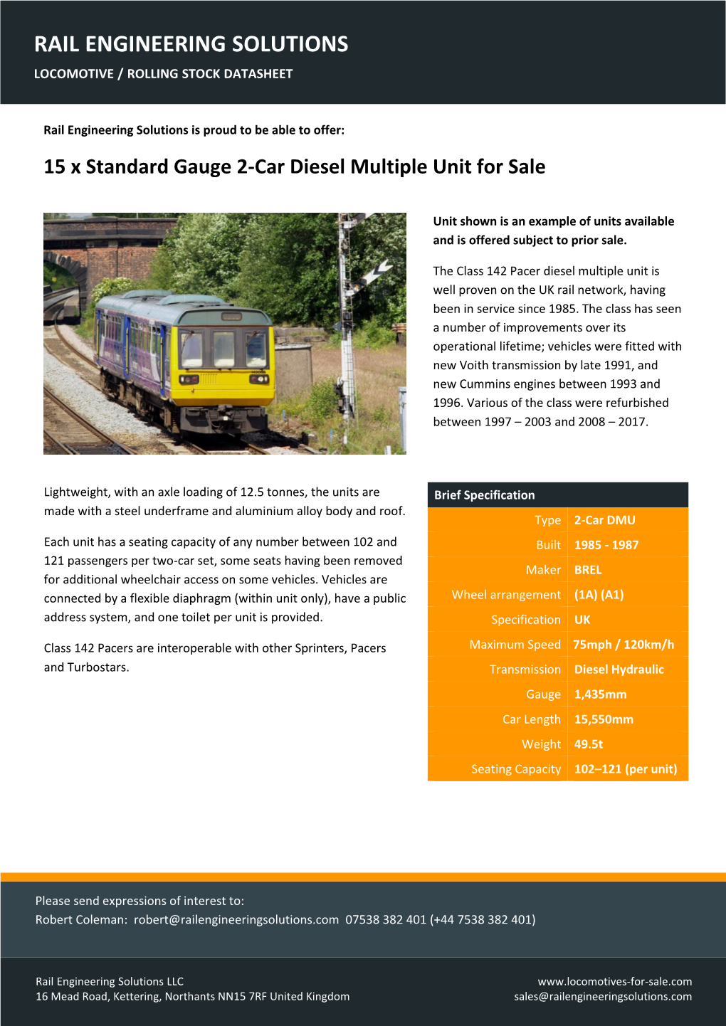 Rail Engineering Solutions Locomotive / Rolling Stock Datasheet