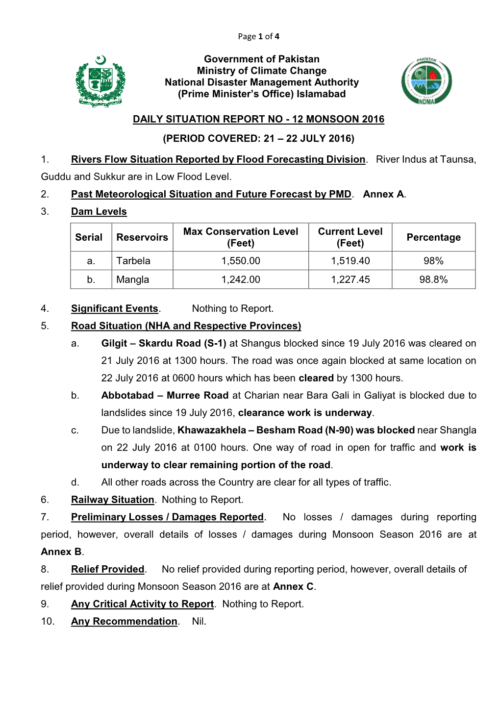 Government of Pakistan Ministry of Climate Change National Disaster Management Authority (Prime Minister’S Office) Islamabad