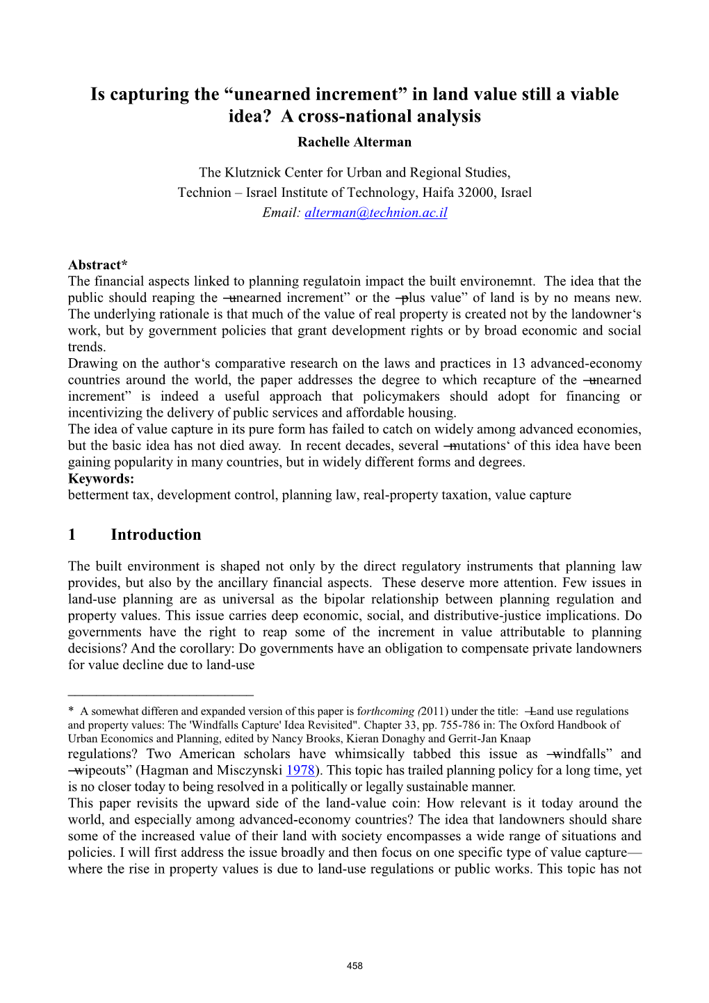 Is Capturing the “Unearned Increment” in Land Value Still a Viable Idea? a Cross-National Analysis Rachelle Alterman