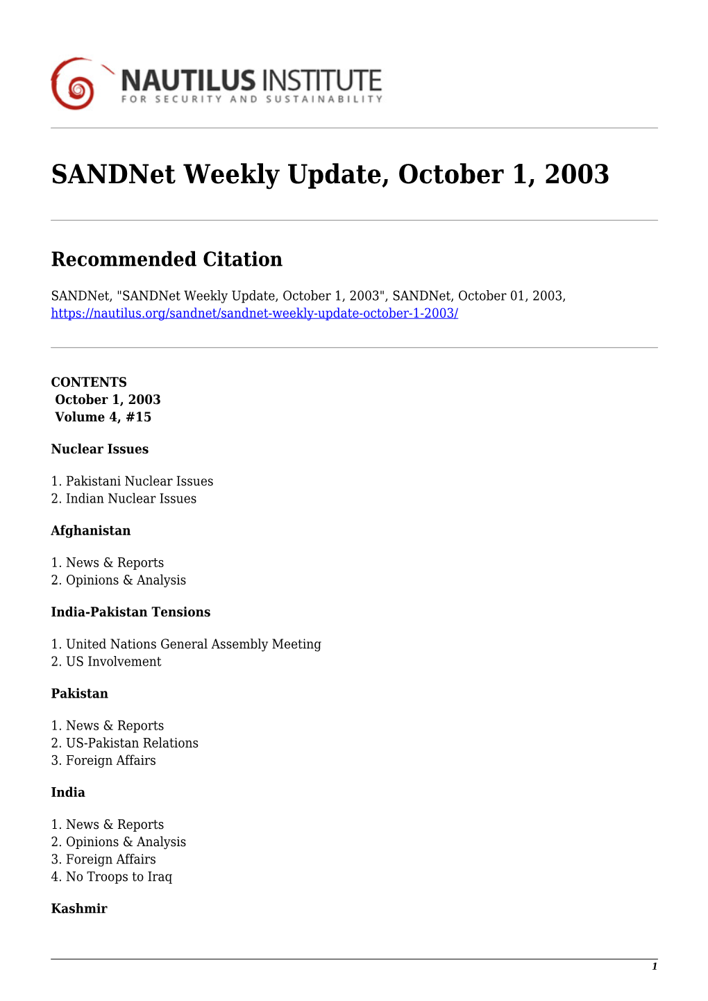 Sandnet Weekly Update, October 1, 2003