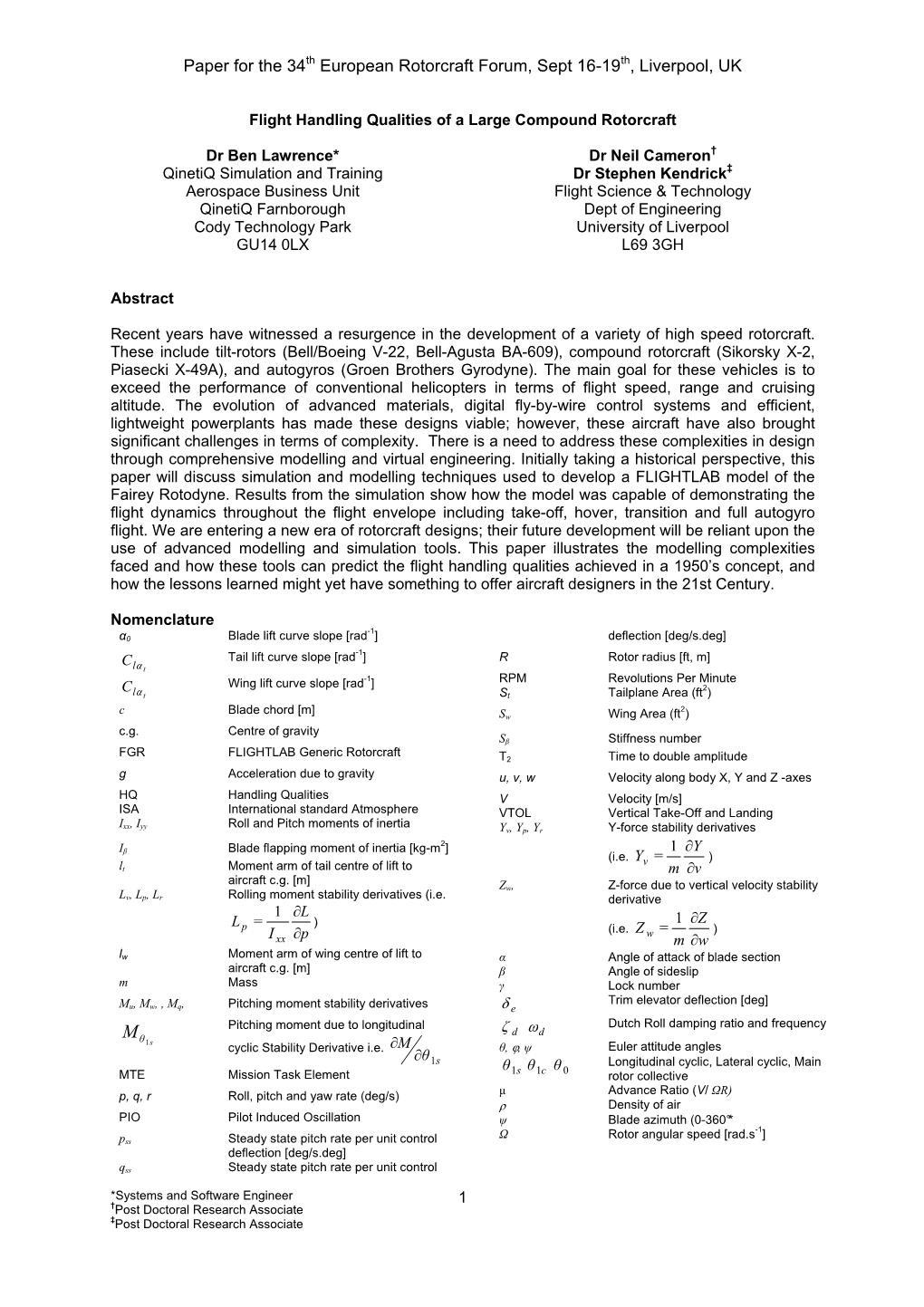 Paper for the 34Th European Rotorcraft Forum, Sept 16-19Th