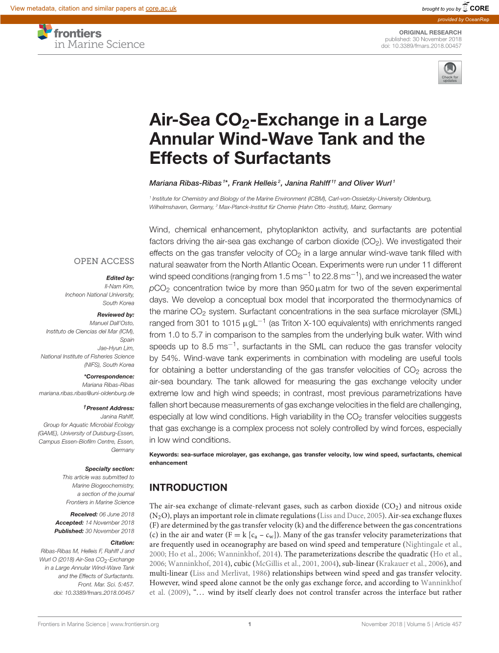 Air-Sea CO2-Exchange in a Large Annular Wind-Wave Tank and the Effects of Surfactants