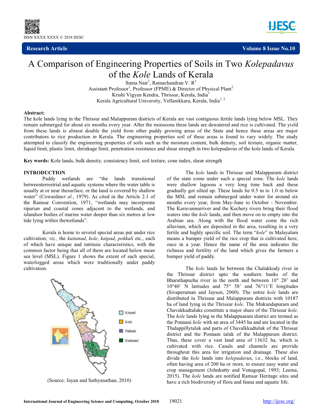 A Comparison of Engineering Properties of Soils in Two Kolepadavus of the Kole Lands of Kerala Suma Nair1, Ramachandran V