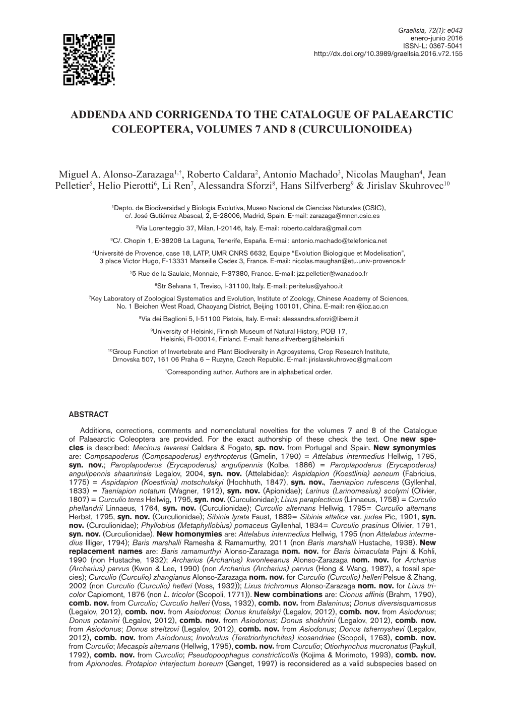 Adiciones Y Correcciones Al Catálogo De Coleópteros Paleárticos, Volúmenes 7 Y 8 (Curculionoidea)