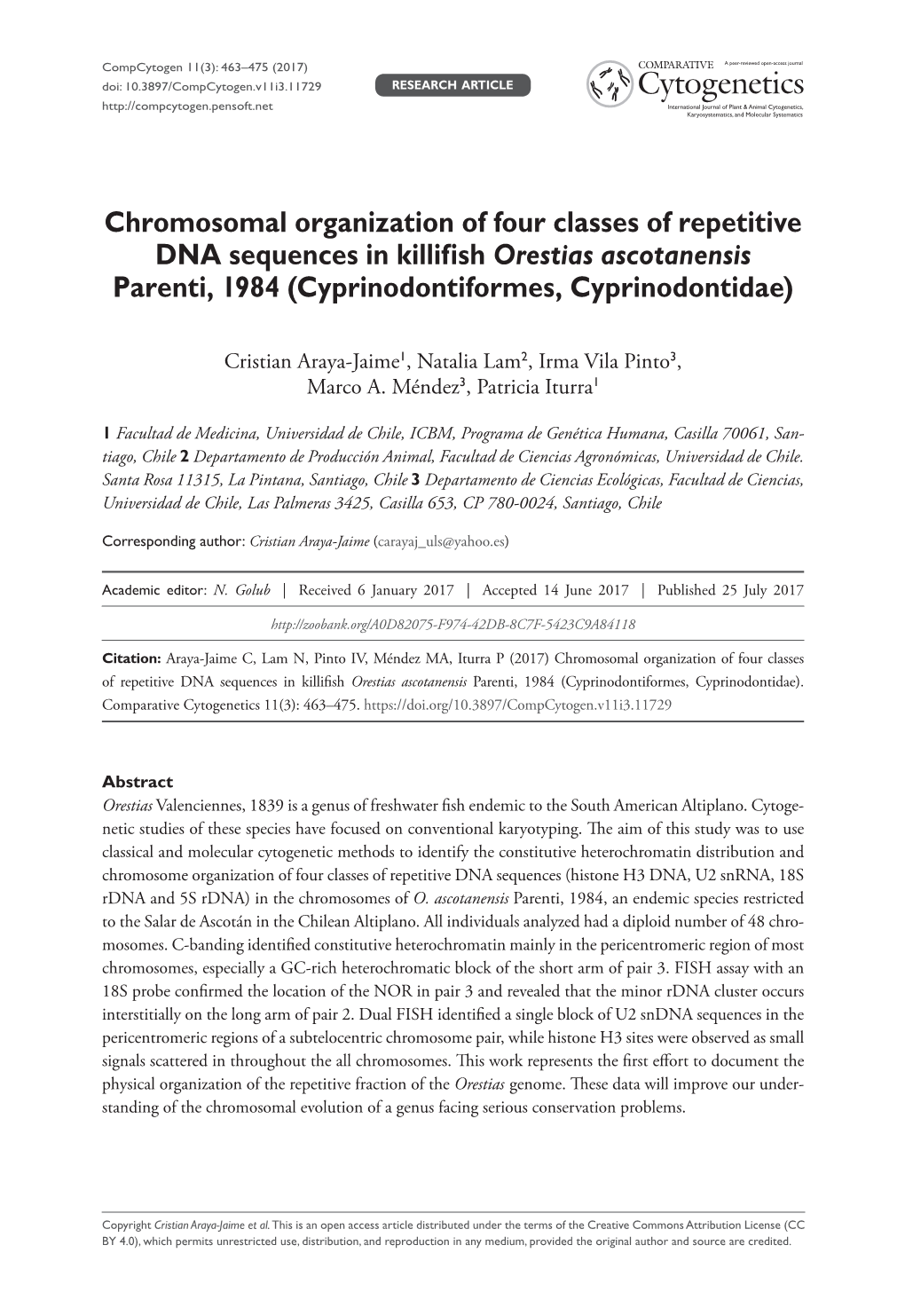 Chromosomal Organization of Four Classes of Repetitive DNA Sequences in Killifish Orestias Ascotanensis Parenti, 1984 (Cyprinodontiformes, Cyprinodontidae)