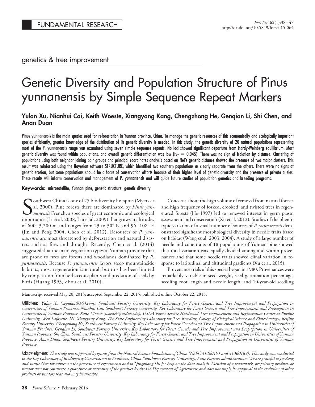 Pinus Yunnanensis by Simple Sequence Repeat Markers