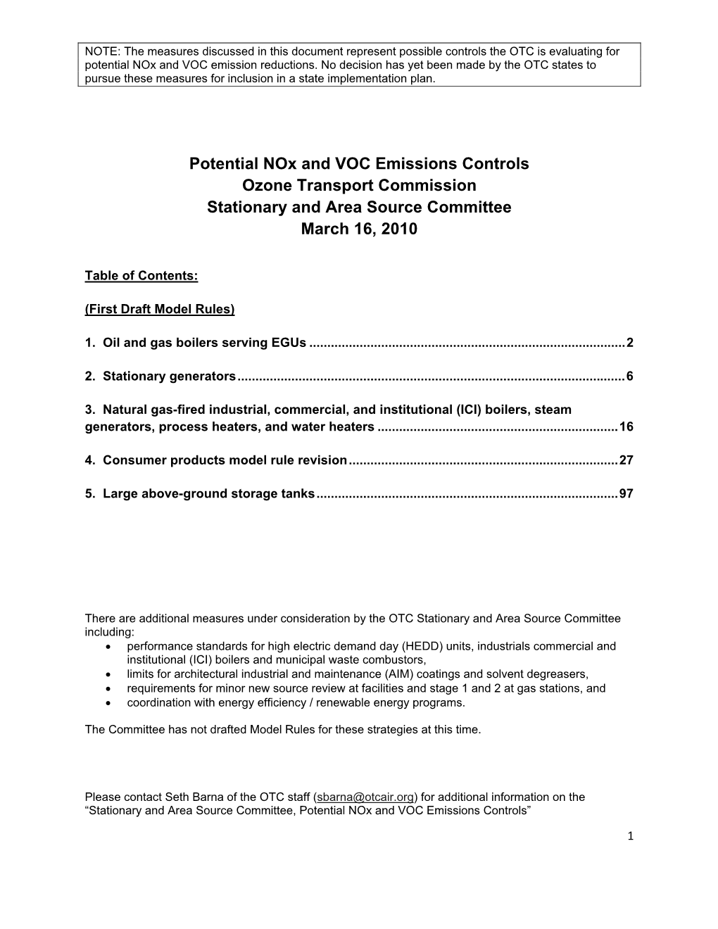 Potential Nox and VOC Emissions Controls Ozone Transport Commission Stationary and Area Source Committee March 16, 2010