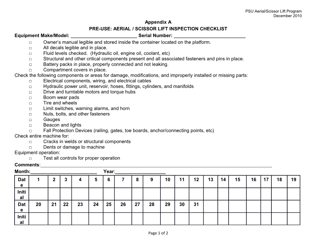 Pre-Use: Aerial / Scissor Lift Inspection Checklist