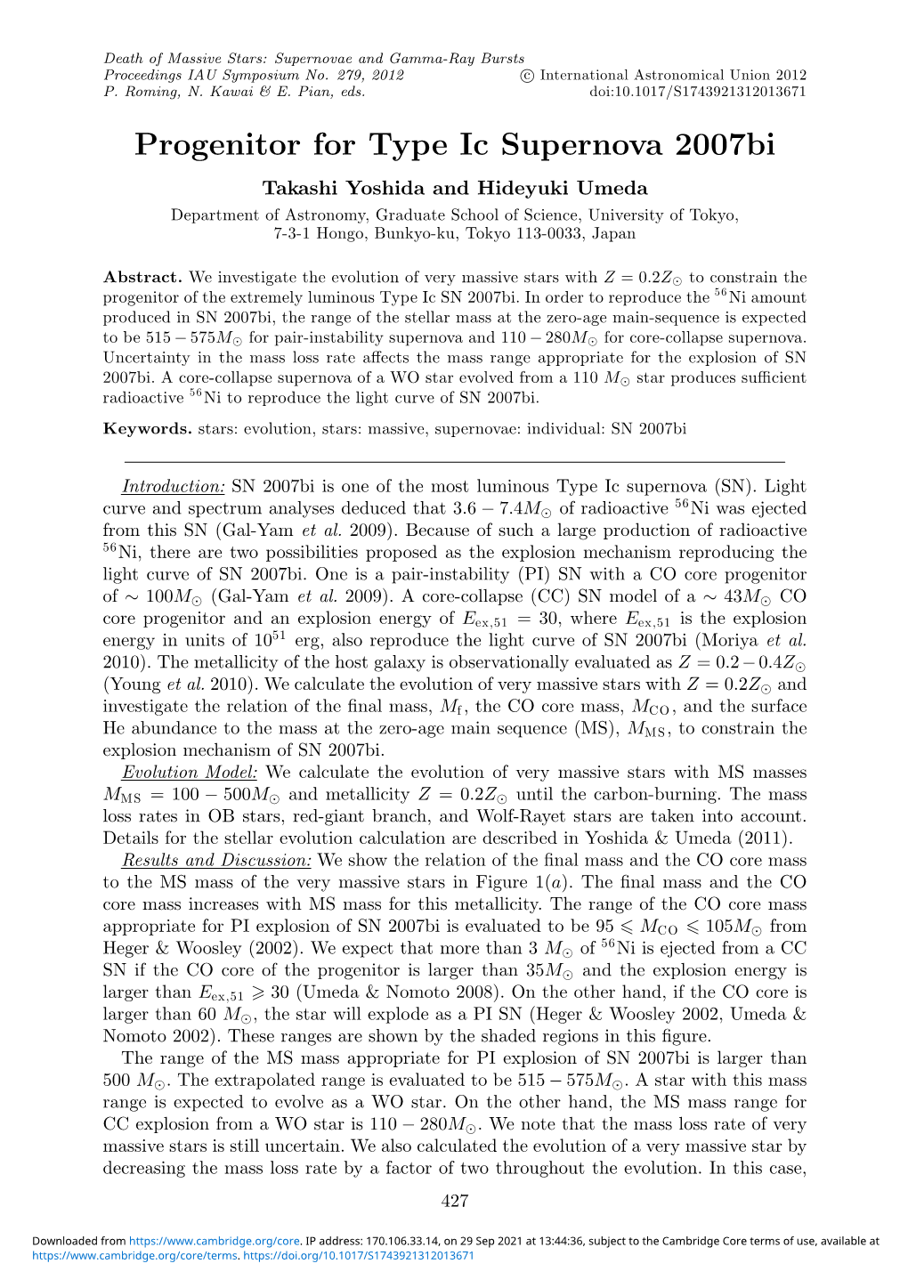 Progenitor for Type Ic Supernova 2007Bi