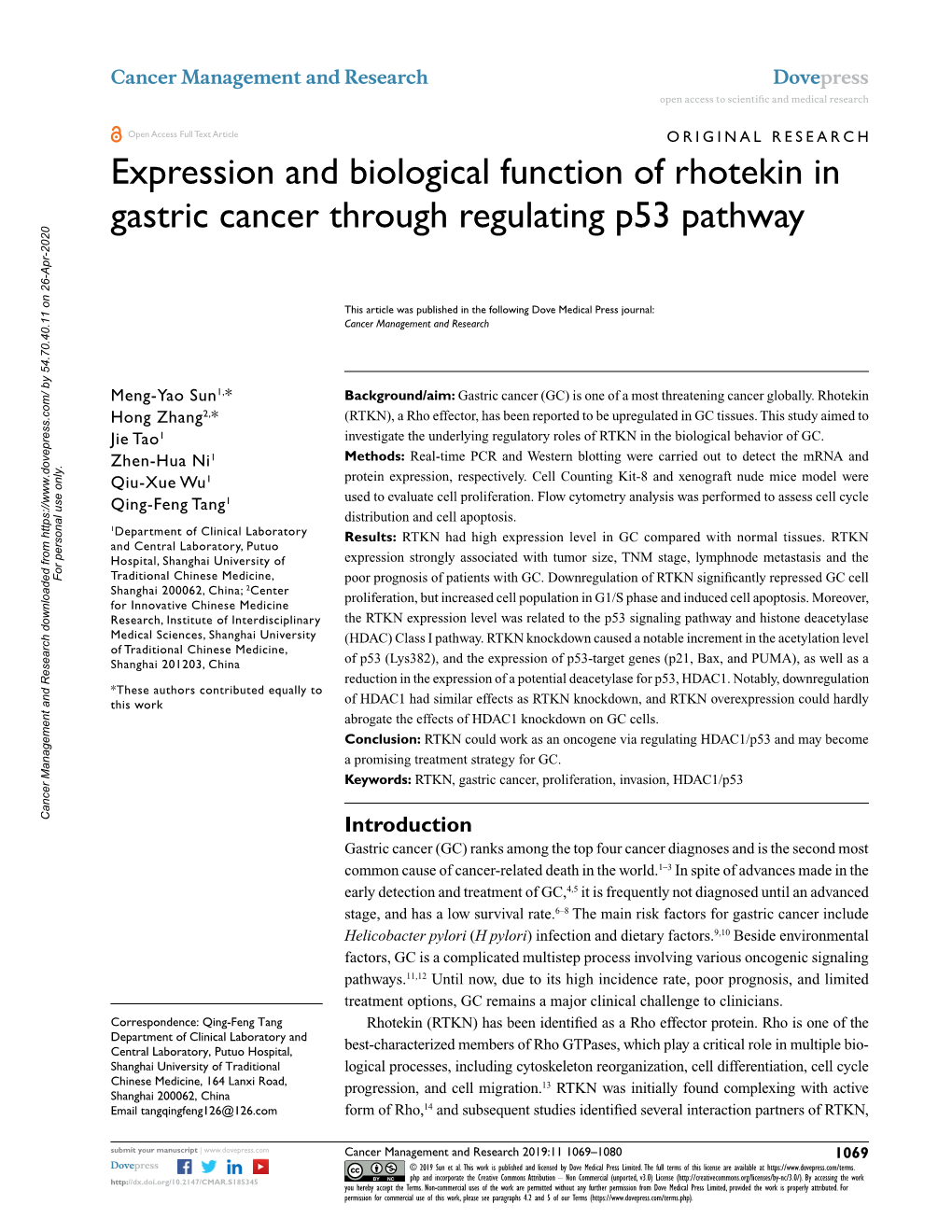 Expression and Biological Function of Rhotekin in Gastric Cancer Through Regulating P53 Pathway