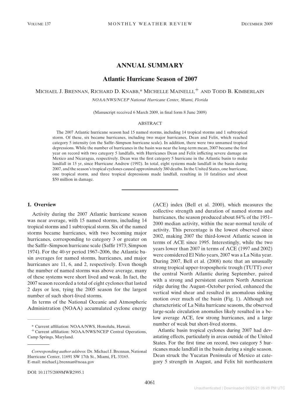 ANNUAL SUMMARY Atlantic Hurricane Season of 2007