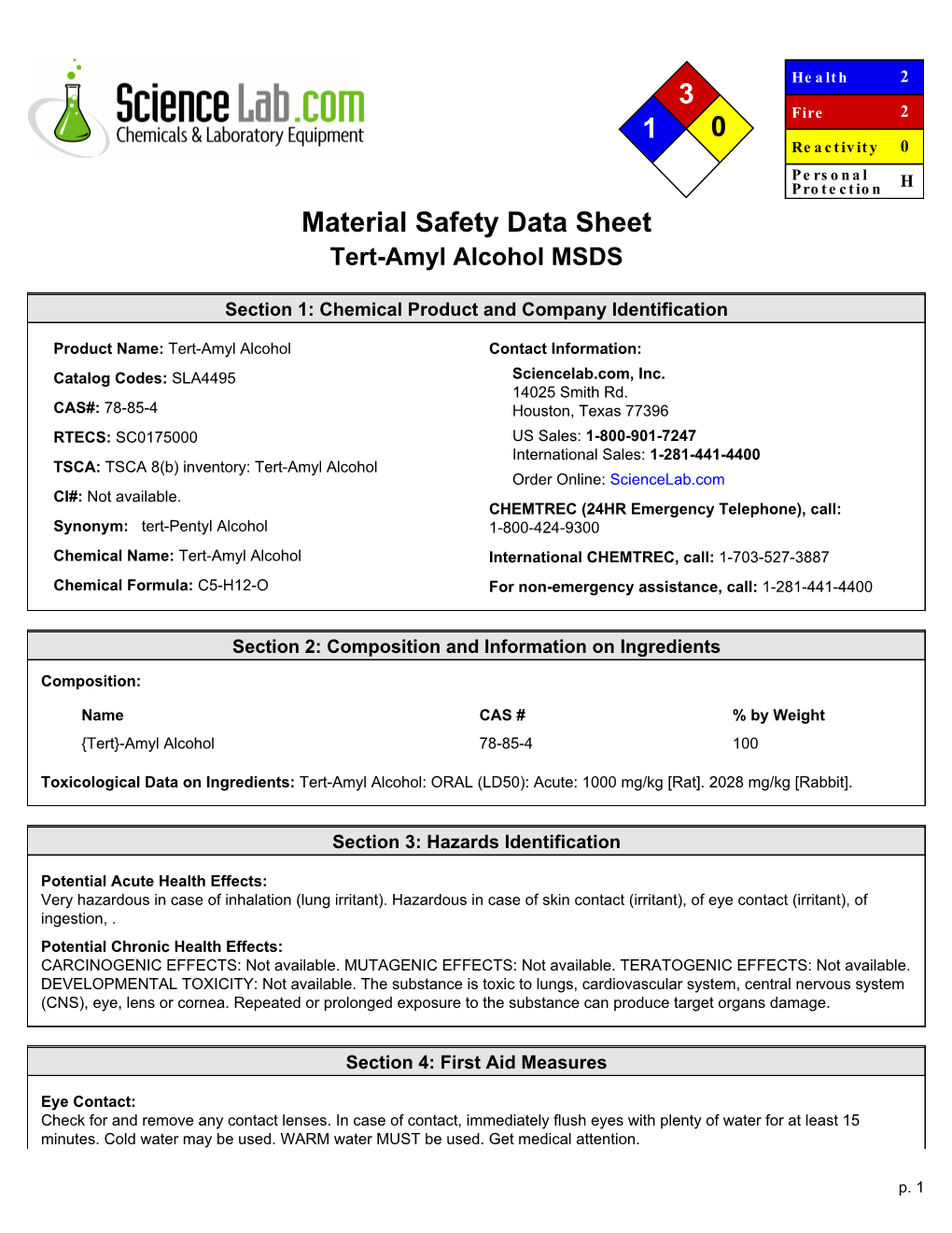 Material Safety Data Sheet Tert-Amyl Alcohol MSDS