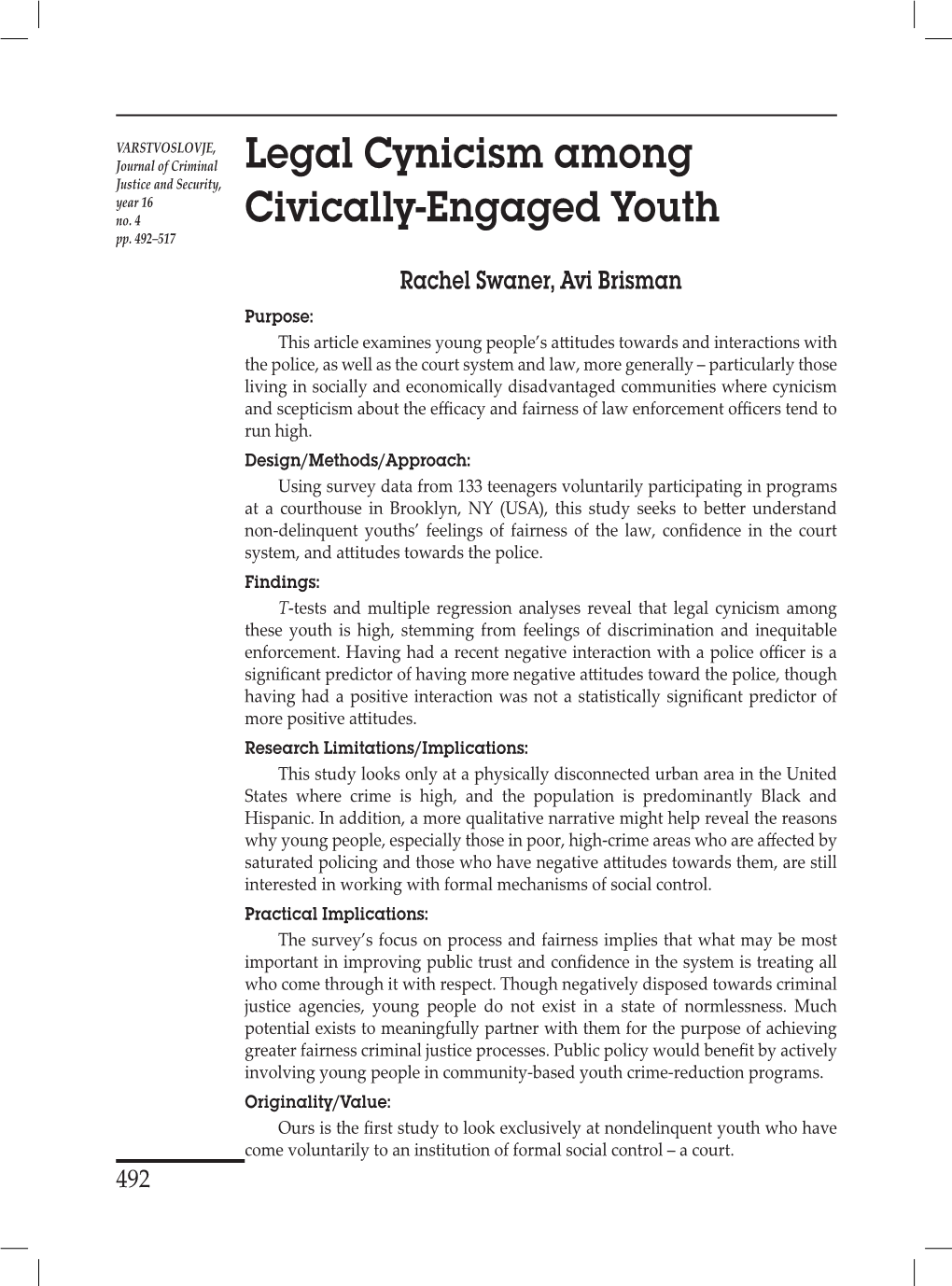 Legal Cynicism Among Civically-Engaged Youth