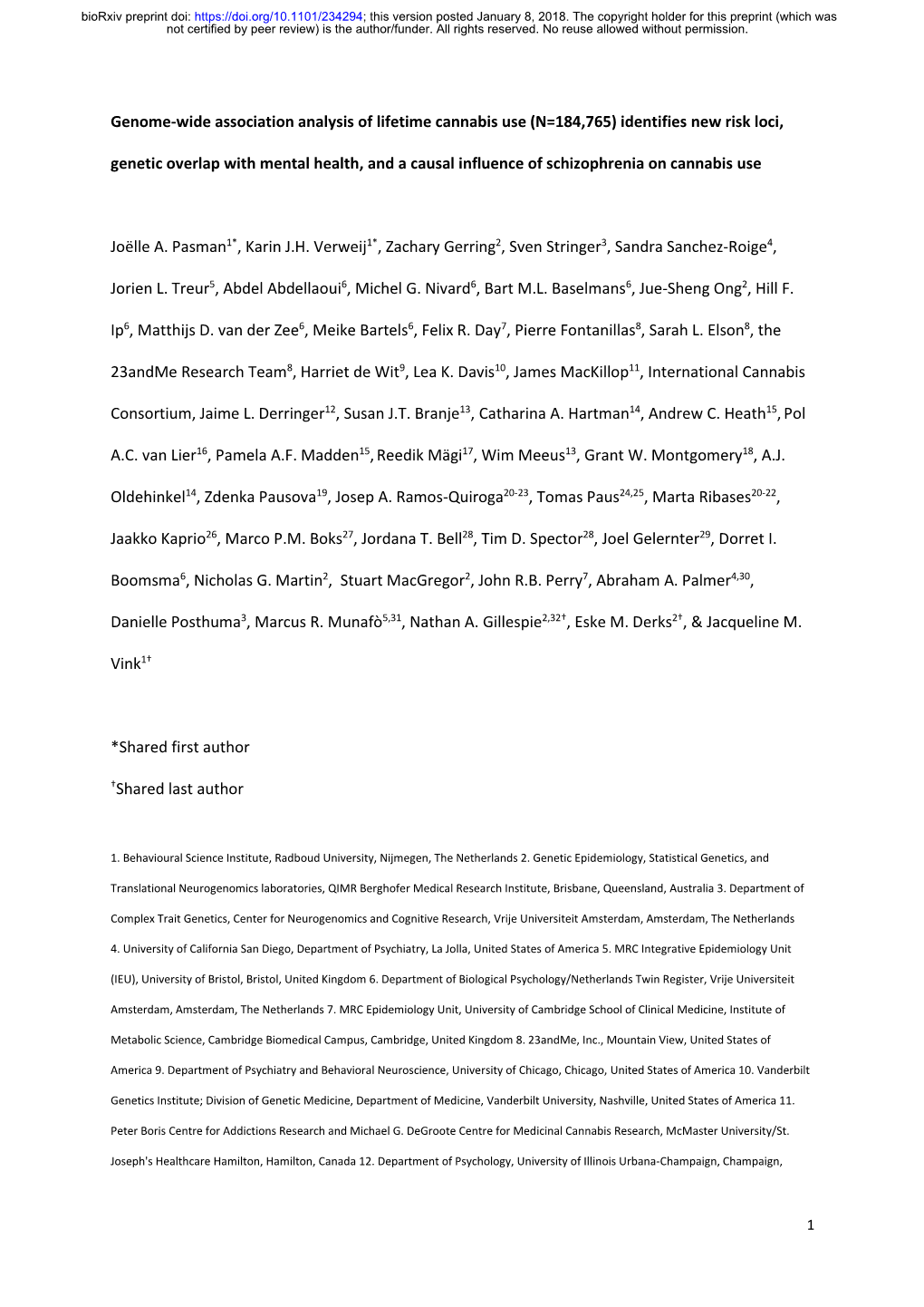 Genome-Wide Association Analysis of Lifetime Cannabis Use (N=184,765) Identifies New Risk Loci