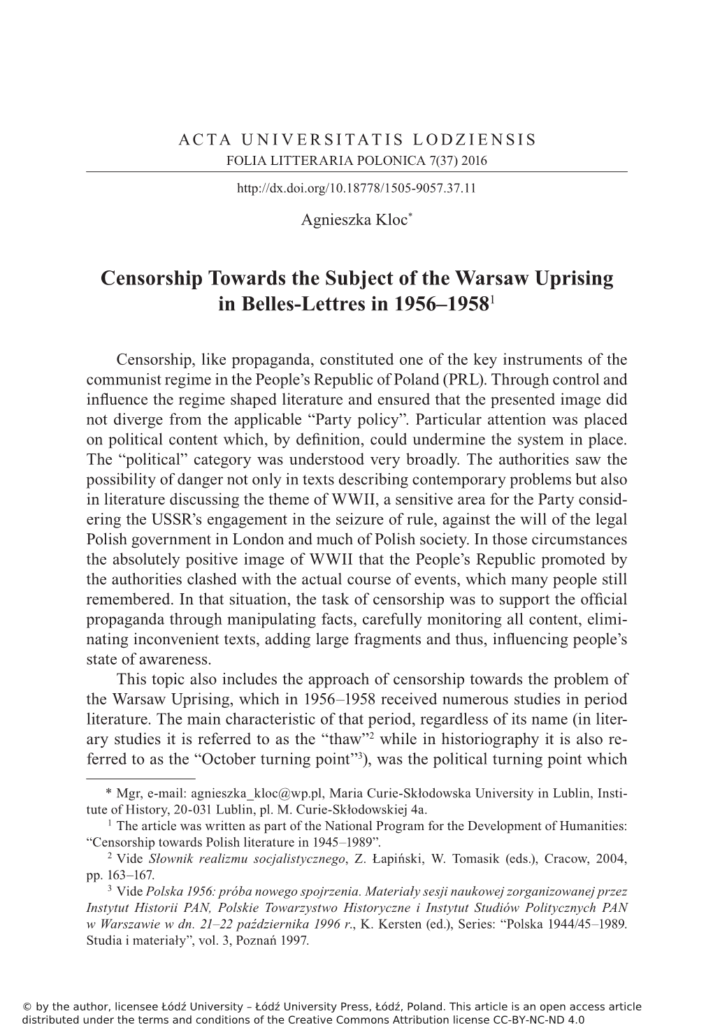 Censorship Towards the Subject of the Warsaw Uprising in Belles-Lettres in 1956–19581