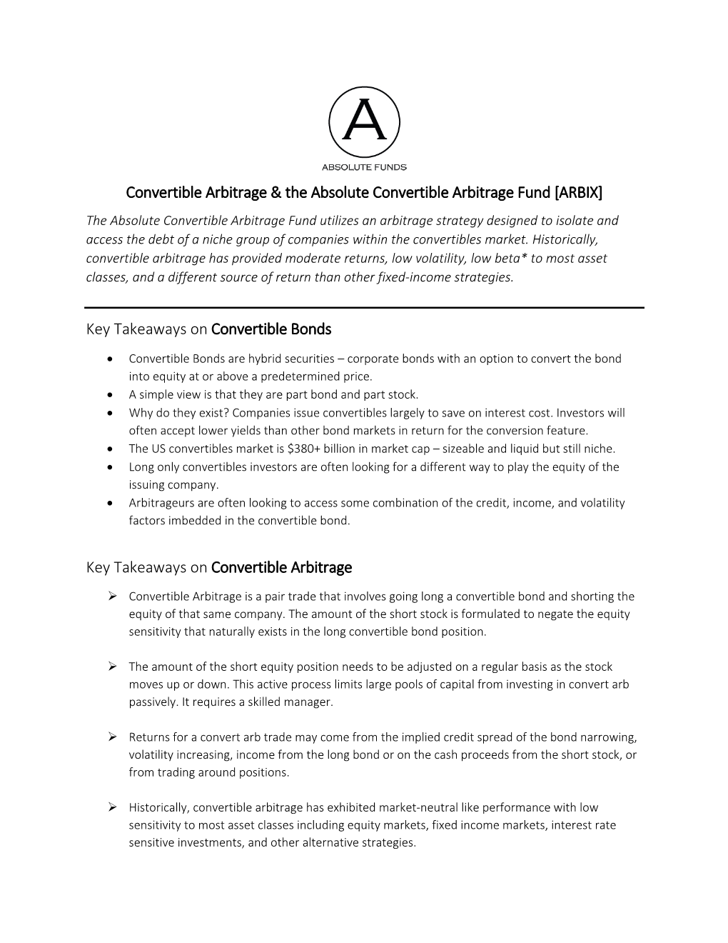 Convertible Arbitrage & the Absolute Convertible Arbitrage Fund [ARBIX