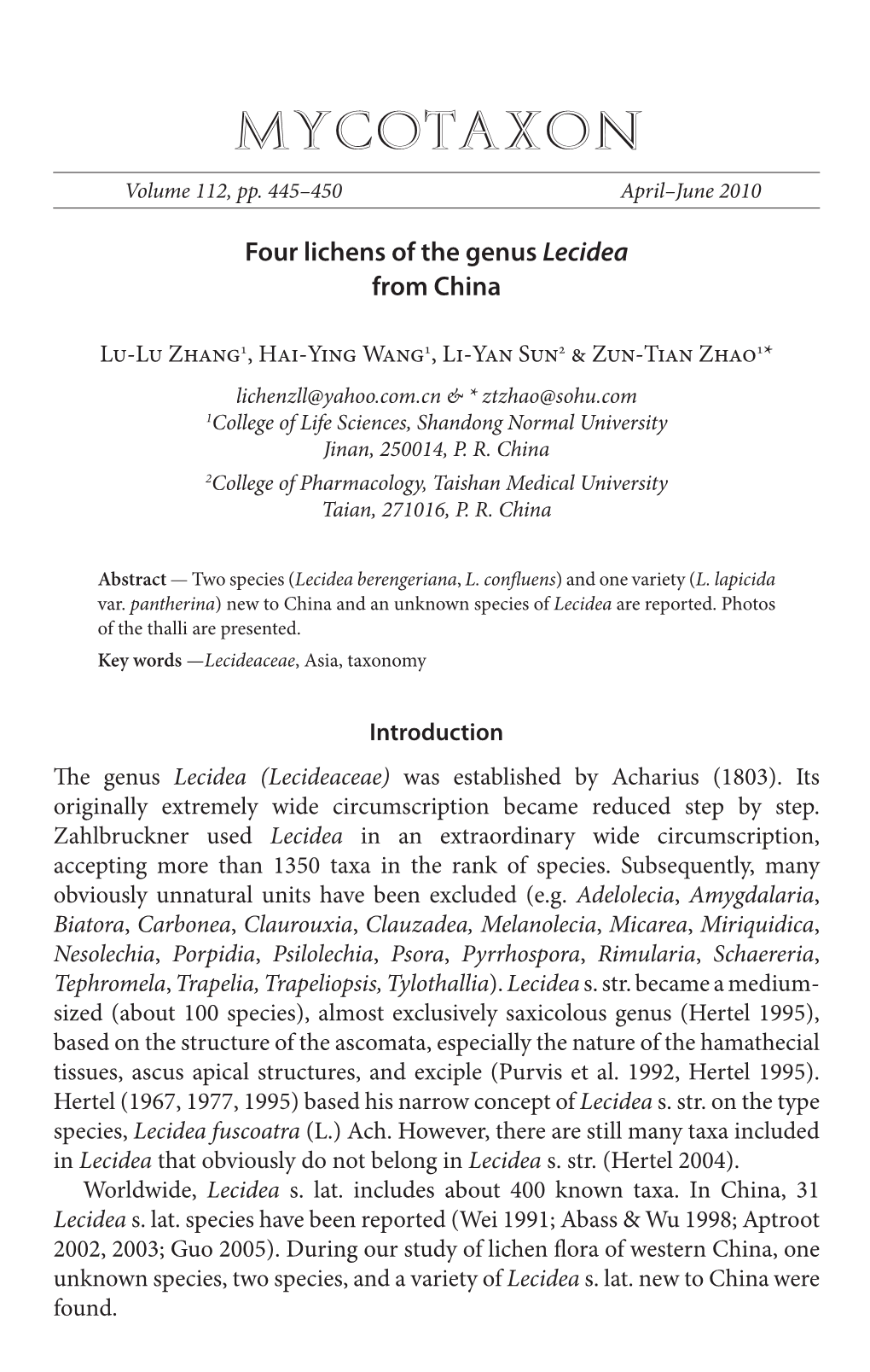 Four Lichens of the Genus <I>Lecidea</I>