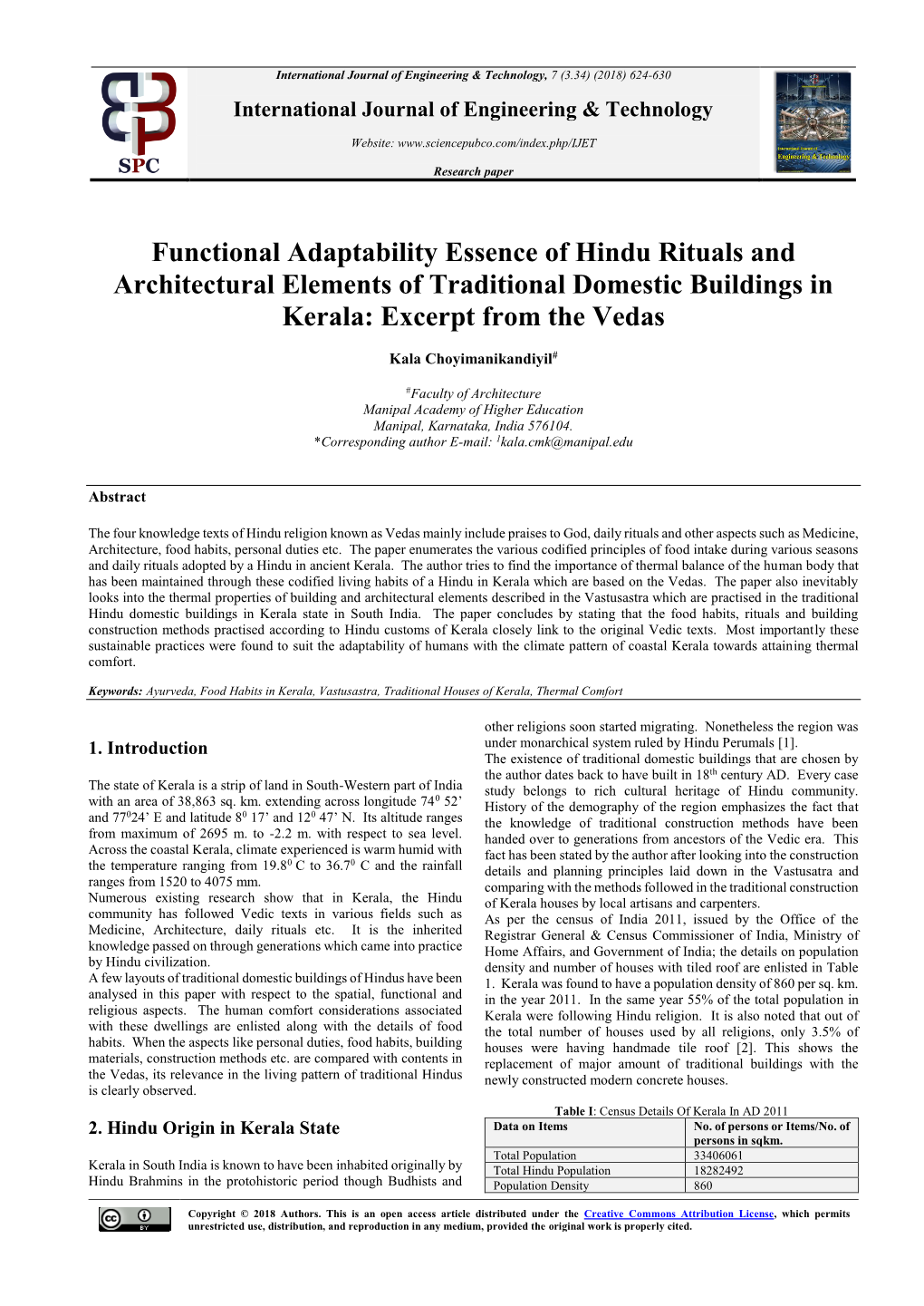 Functional Adaptability Essence of Hindu Rituals and Architectural Elements of Traditional Domestic Buildings in Kerala: Excerpt from the Vedas