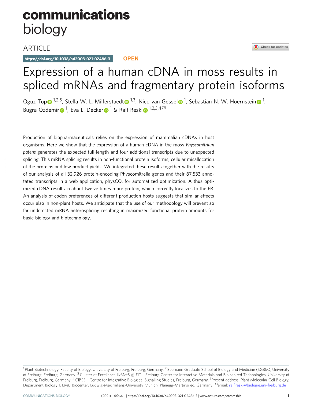 Expression of a Human Cdna in Moss Results in Spliced Mrnas and Fragmentary Protein Isoforms