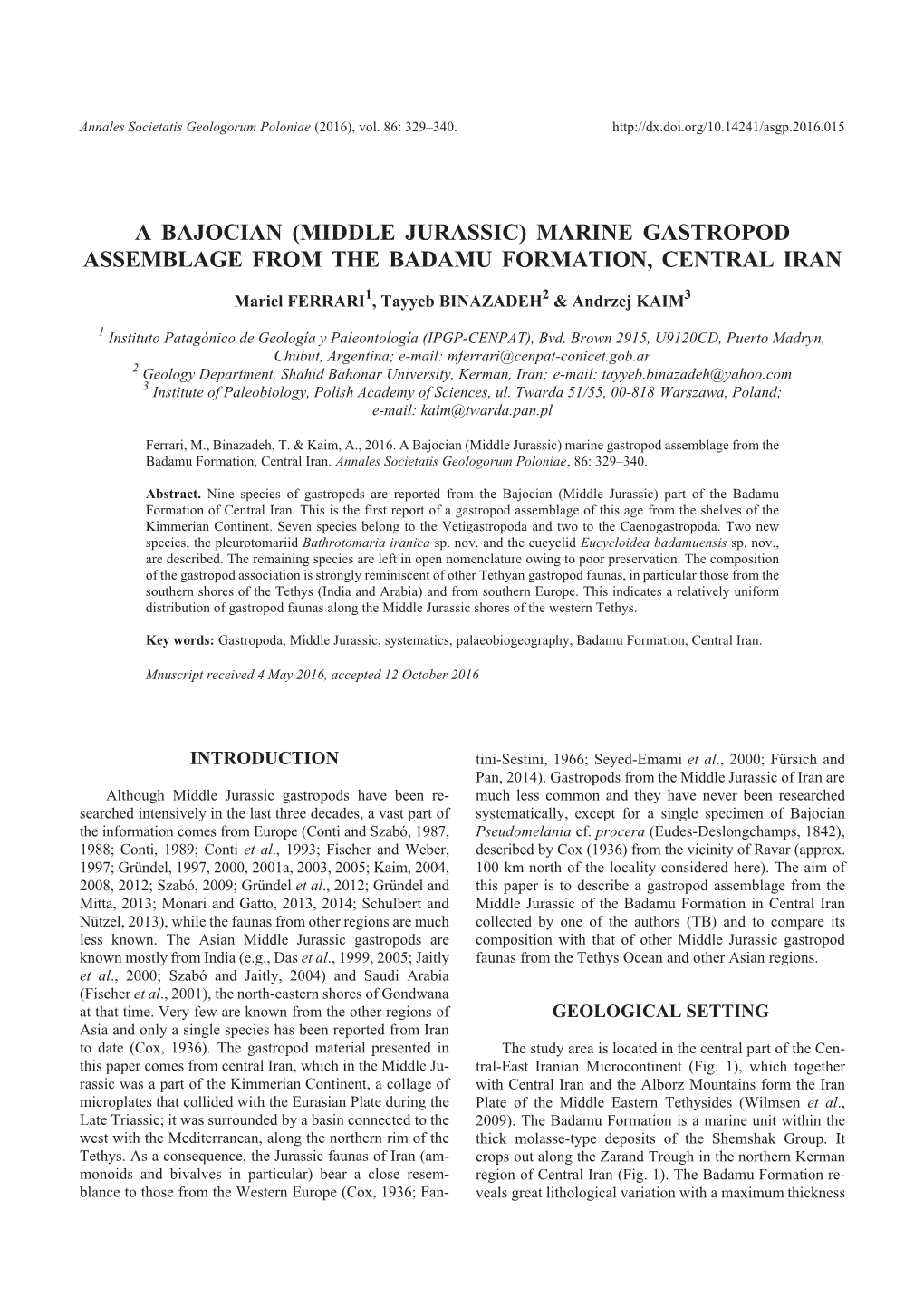 A Bajocian (Middle Jurassic) Marine Gastropod Assemblage from the Badamu Formation, Central Iran