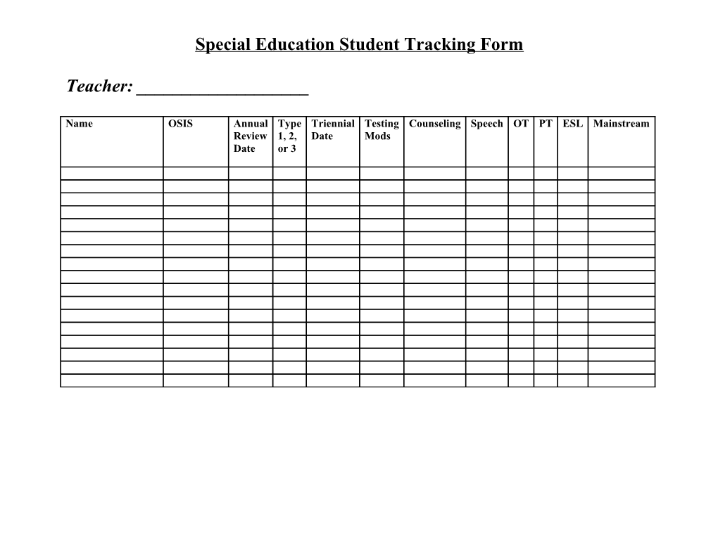 Special Education Student Tracking Form