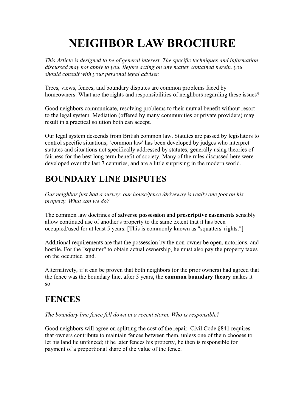 Neighbor Law Brochure