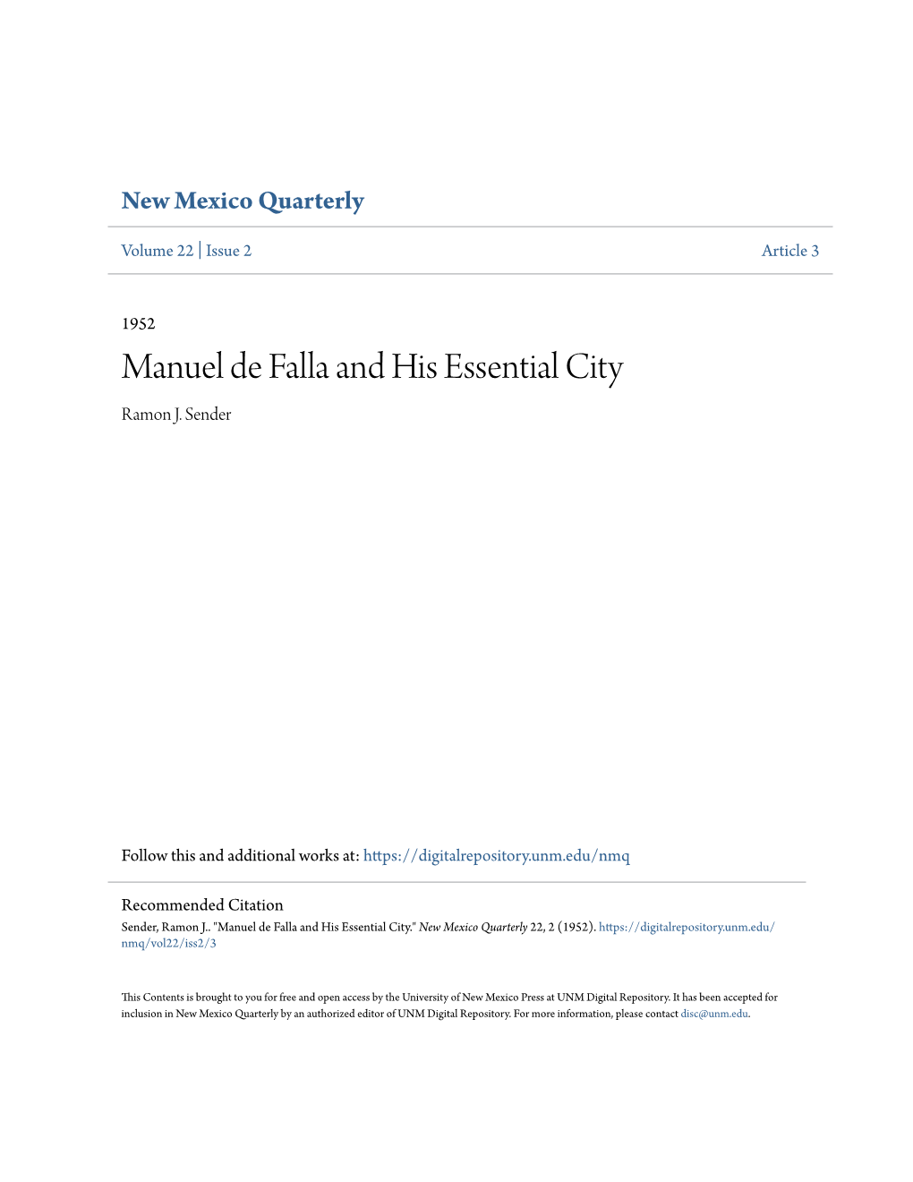 Manuel De Falla and His Essential City Ramon J