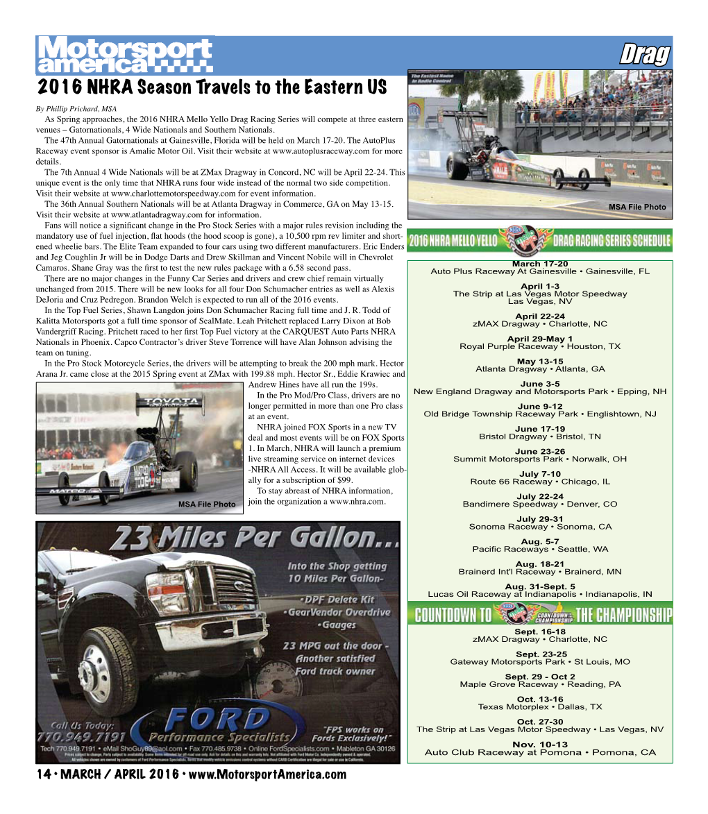 2016 NHRA Season Travels to the Eastern US