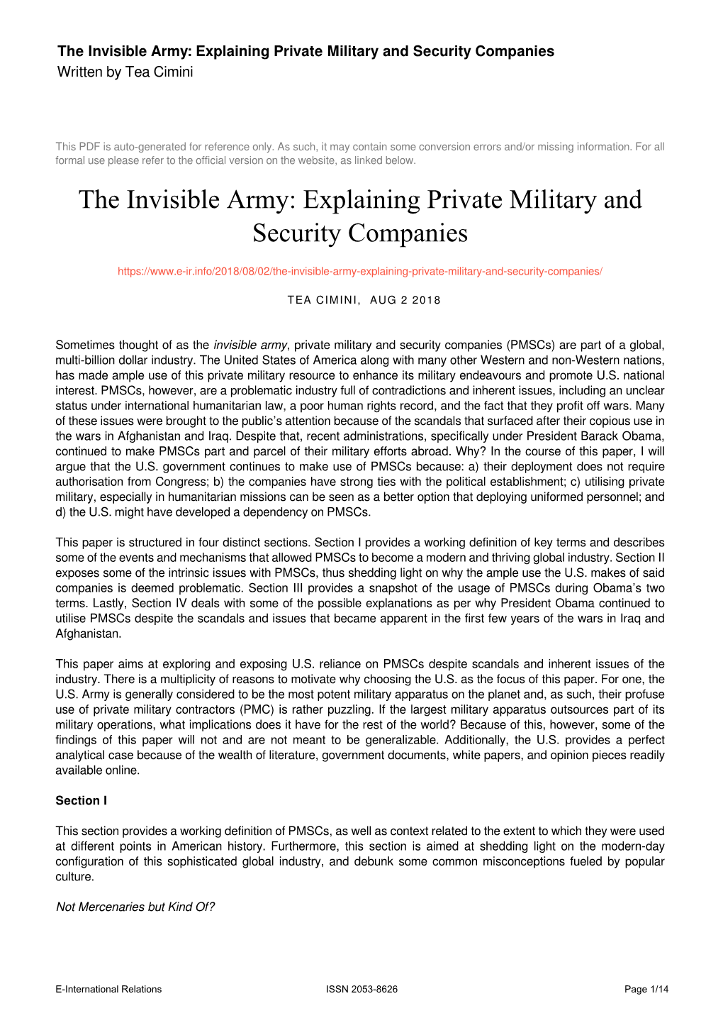 The Invisible Army: Explaining Private Military and Security Companies Written by Tea Cimini