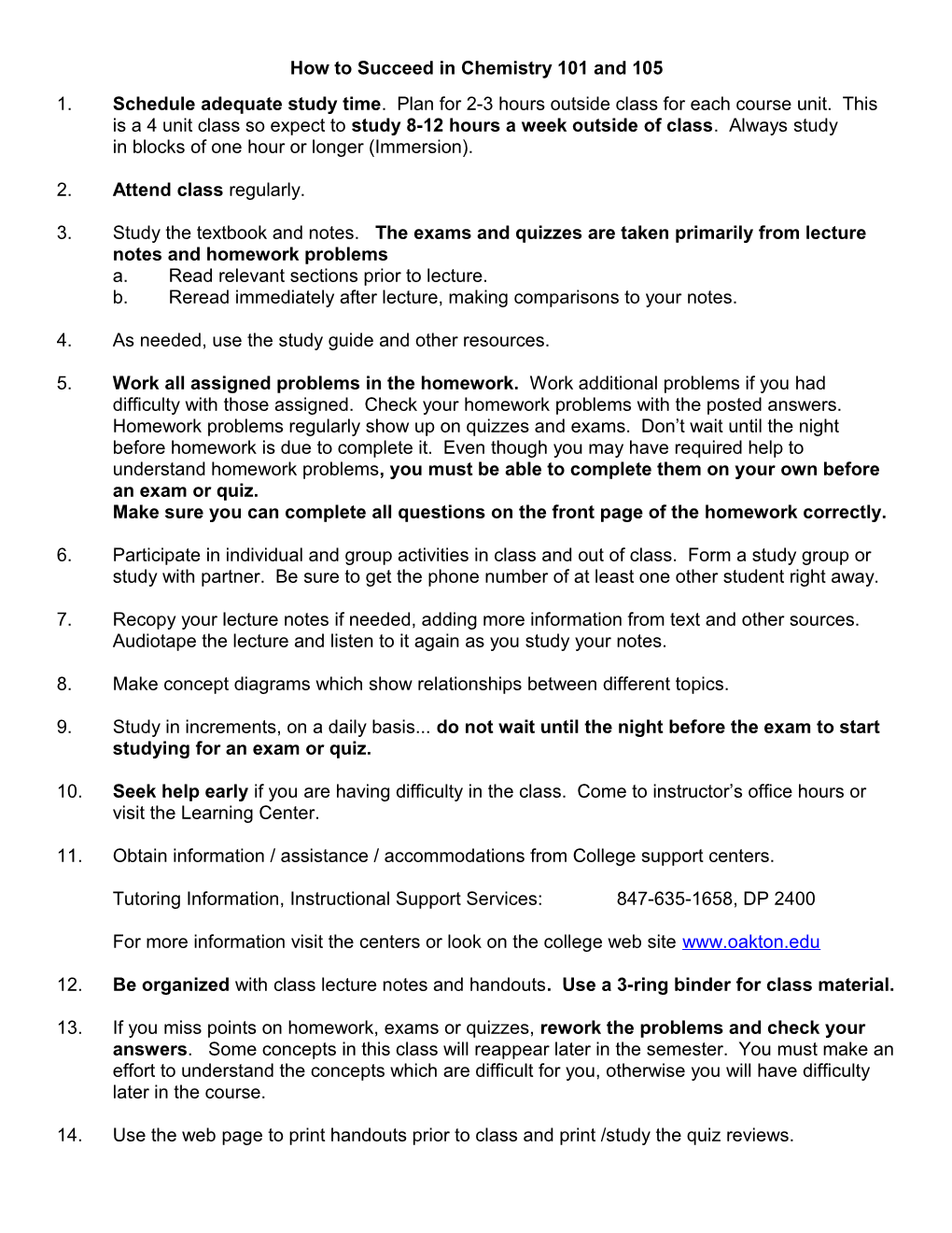 Procedure for Attaining Objectives (Or How to Succeed in Chemistry 1A)