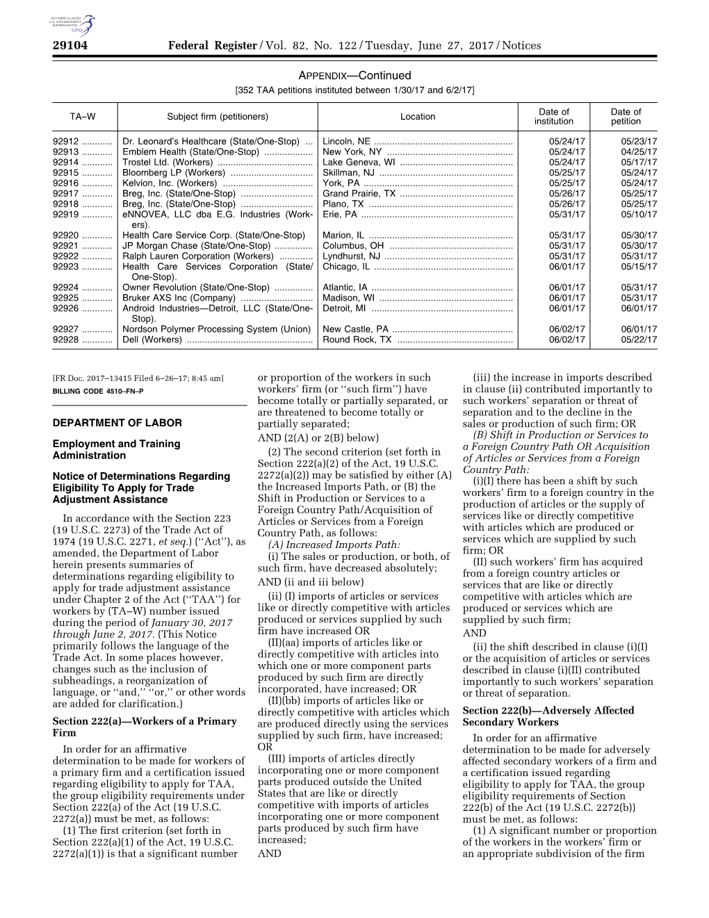 Federal Register/Vol. 82, No. 122/Tuesday, June 27, 2017