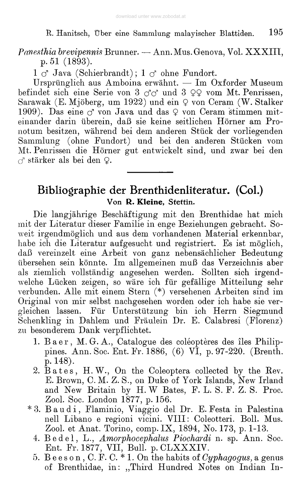 Bibliographie Der Brenthidenliteratur. (Col.) Von R