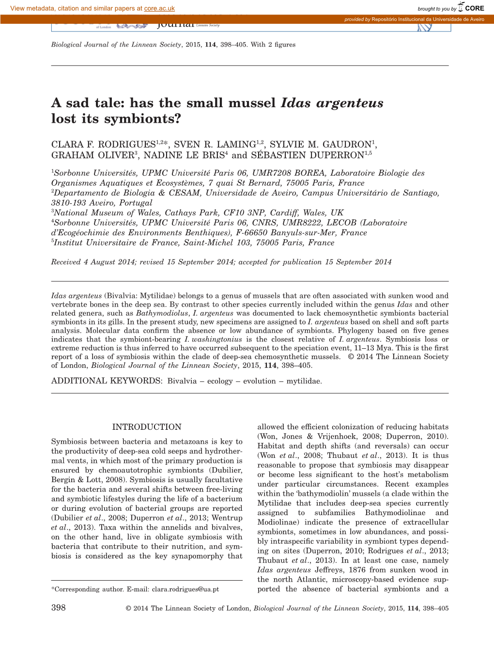 Has the Small Mussel Idas Argenteus Lost Its Symbionts?