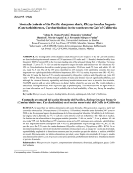Stomach Contents of the Pacific Sharpnose Shark, Rhizoprionodon Longurio (Carcharhiniformes, Carcharhinidae) in the Southeastern Gulf of California
