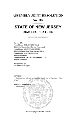 ASSEMBLY JOINT RESOLUTION No. 107 STATE of NEW JERSEY