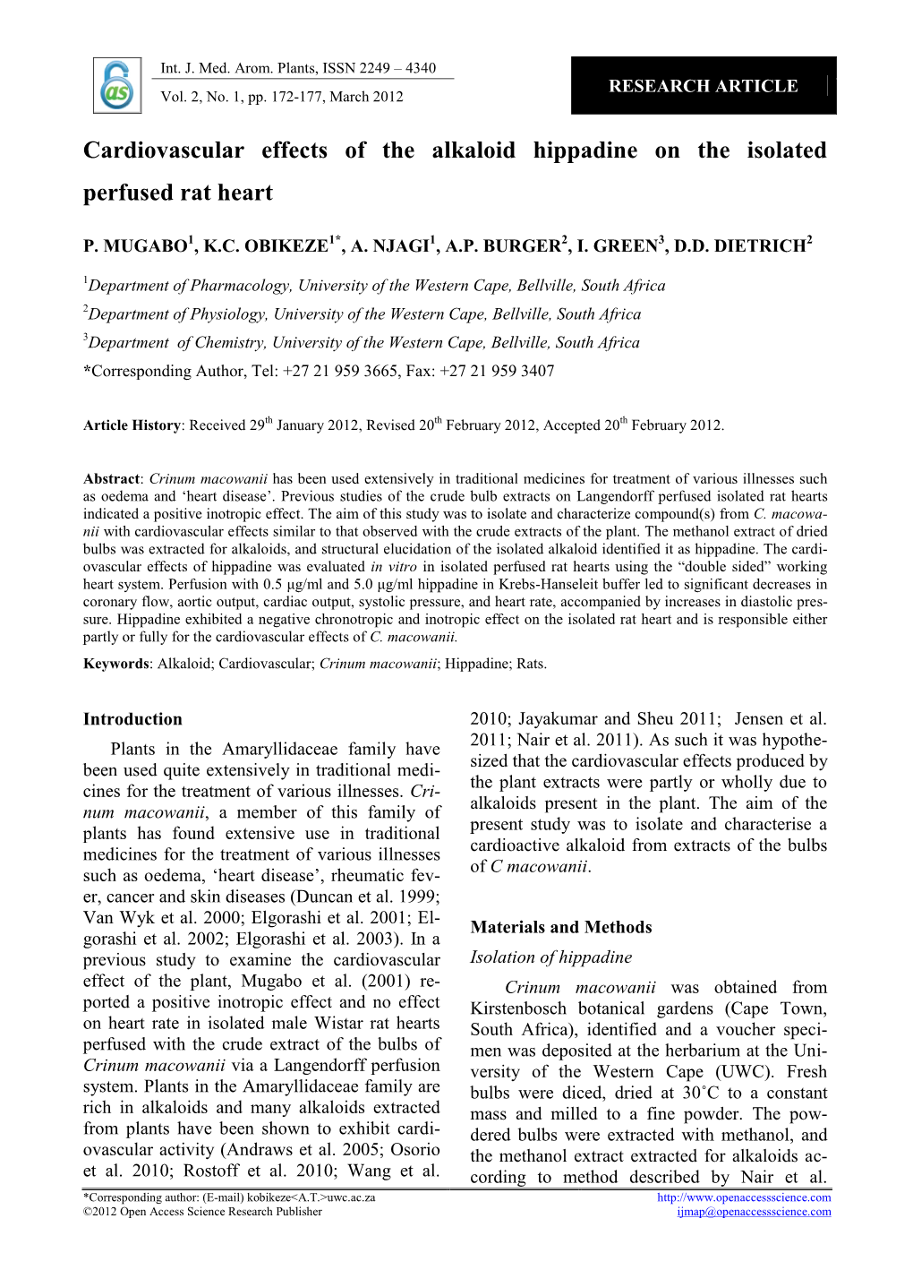 Cardiovascular Effects of the Alkaloid Hippadine on the Isolated Perfused Rat Heart