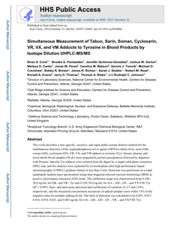 Simultaneous Measurement of Tabun, Sarin, Soman, Cyclosarin, VR, VX, and VM Adducts to Tyrosine in Blood Products by Isotope Dilution UHPLC-MS/MS