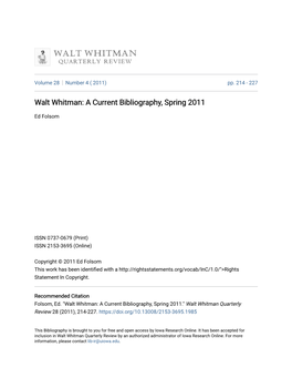 Walt Whitman: a Current Bibliography, Spring 2011
