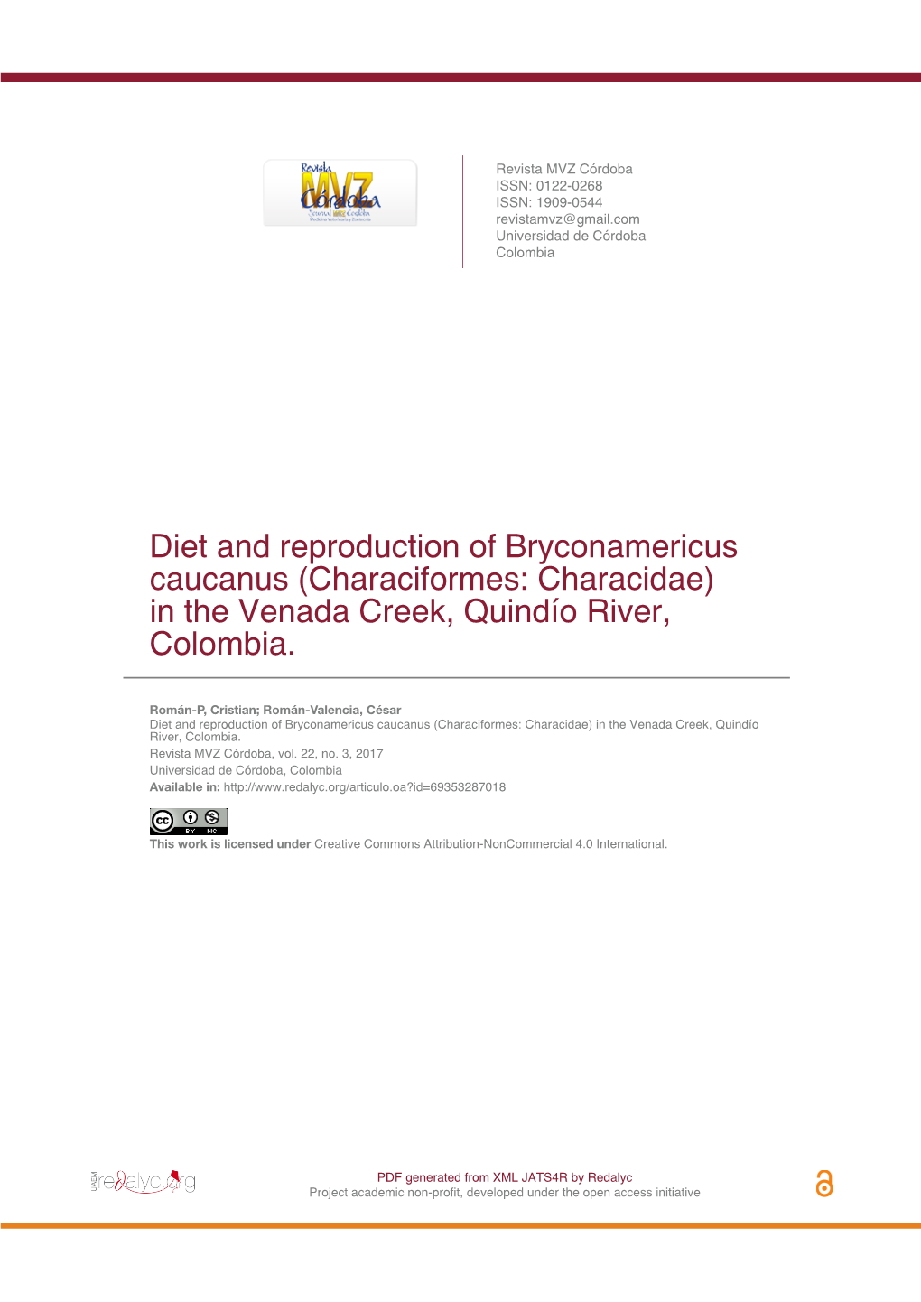 Diet and Reproduction of Bryconamericus Caucanus (Characiformes: Characidae) in the Venada Creek, Quindío River, Colombia