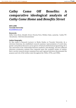 A Comparative Ideological Analysis of Cathy Come Home and Benefits Street