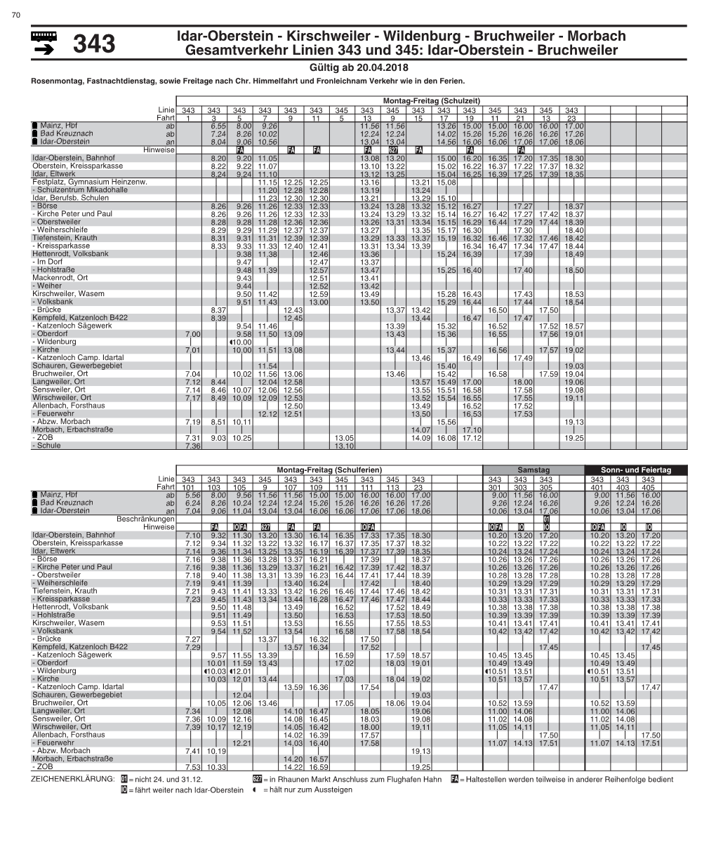 343 Gesamtverkehr Linien 343 Und 345: Idar-Oberstein - Bruchweiler Gültig Ab 20.04.2018 Rosenmontag, Fastnachtdienstag, Sowie Freitage Nach Chr