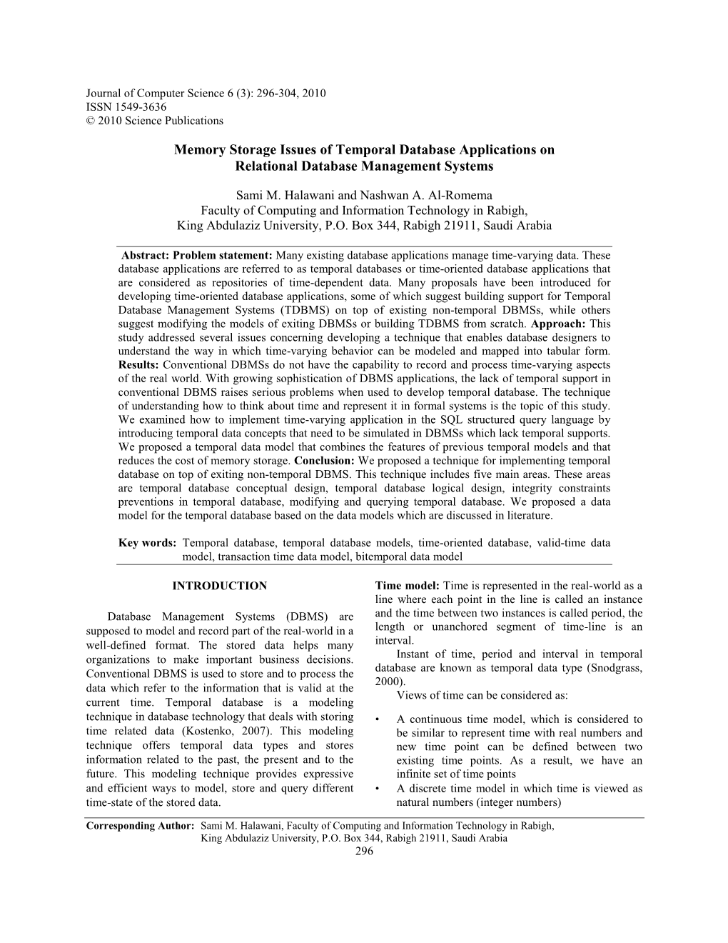 Memory Storage Issues of Temporal Database Applications on Relational Database Management Systems