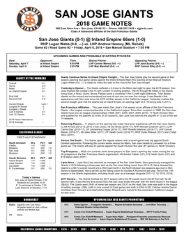 2018 GAME NOTES 588 East Alma Ave  San Jose, CA 95112  Phone: 408-297-1435  Sjgiants.Com Class a Advanced Affiliate of the San Francisco Giants