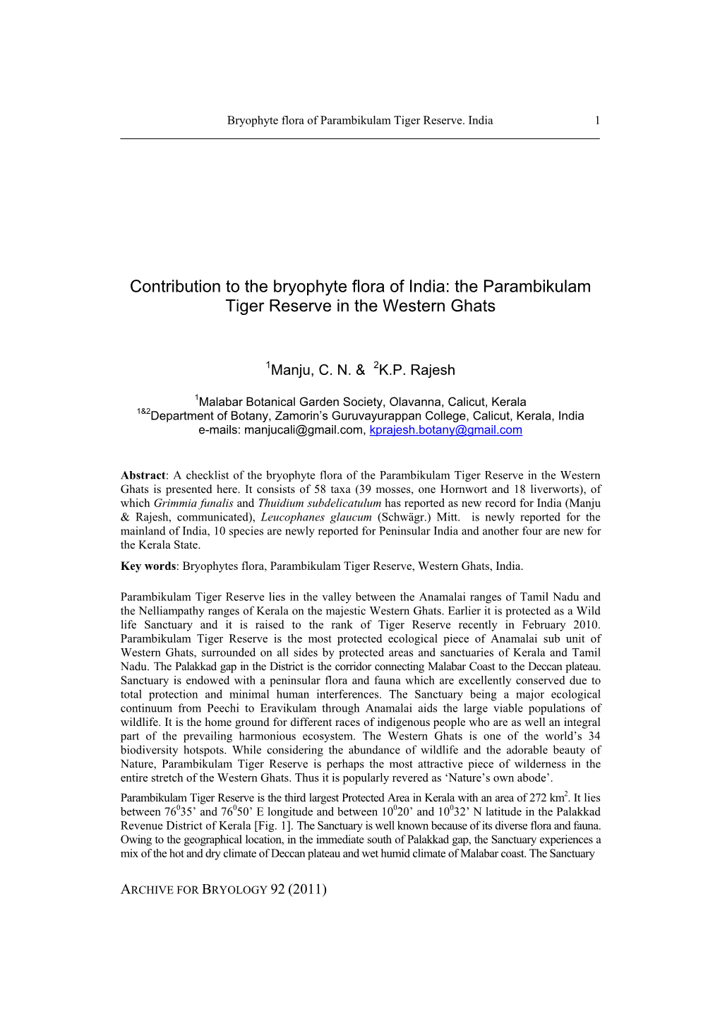 Contribution to the Bryophyte Flora of India: the Parambikulam Tiger Reserve in the Western Ghats