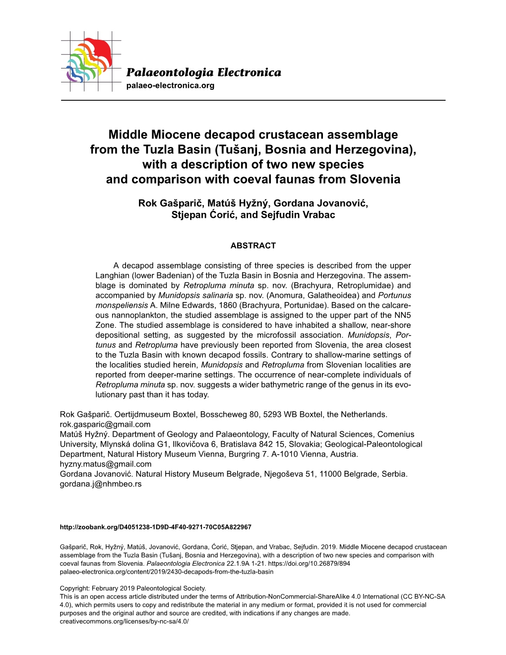 Middle Miocene Decapod Crustacean Assemblage from the Tuzla Basin