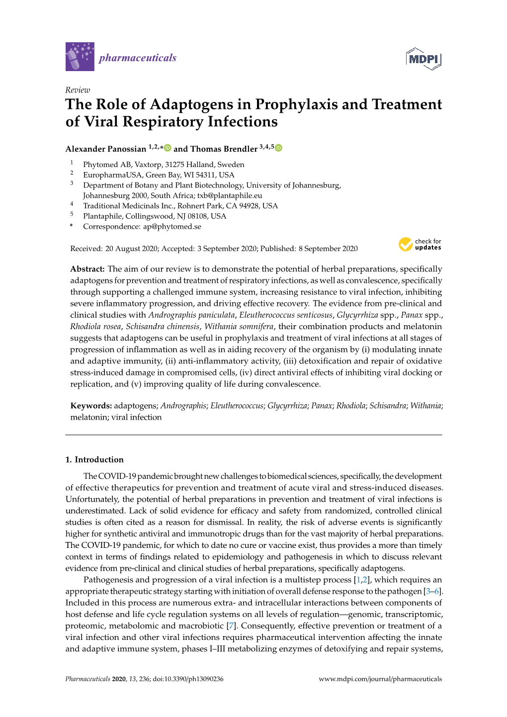 The Role of Adaptogens in Prophylaxis and Treatment of Viral Respiratory Infections