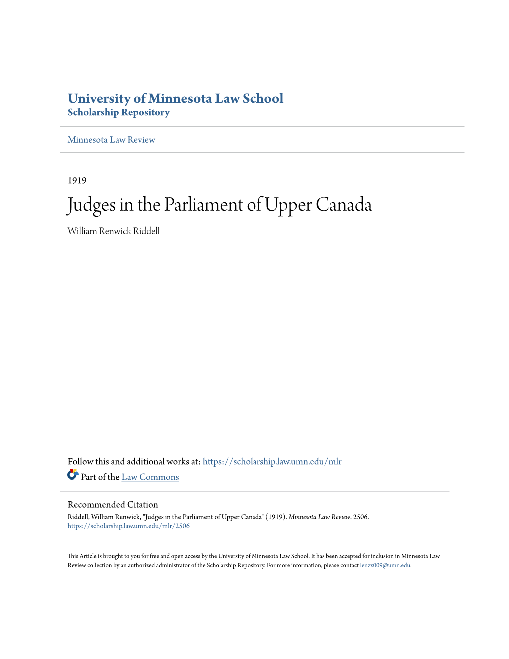 Judges in the Parliament of Upper Canada William Renwick Riddell