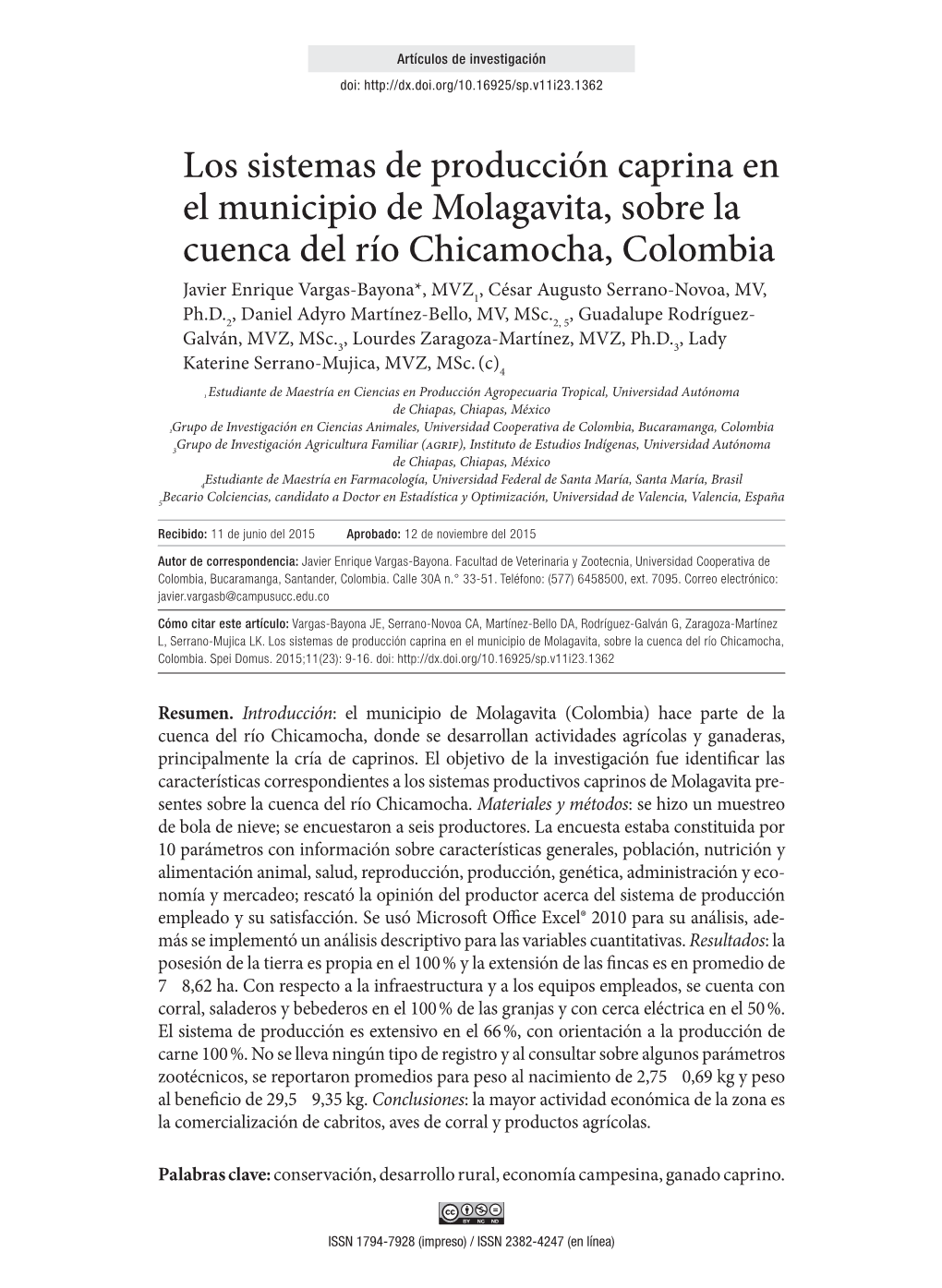 Los Sistemas De Producción Caprina En El Municipio De Molagavita, Sobre La Cuenca Del Río Chicamocha, Colombia