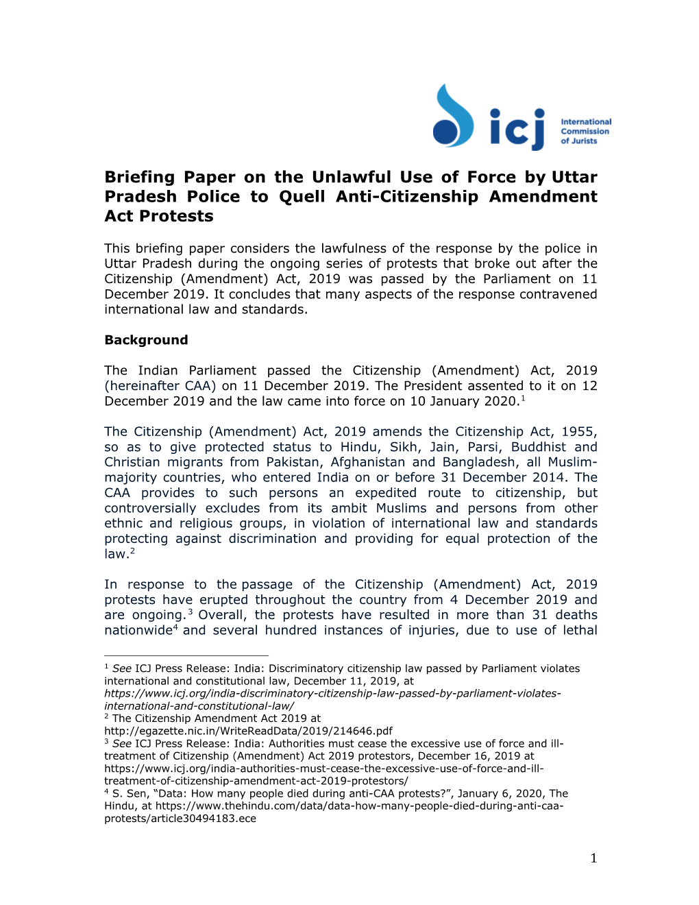 Briefing Paper on the Unlawful Use of Force by Uttar Pradesh Police to Quell Anti-Citizenship Amendment Act Protests