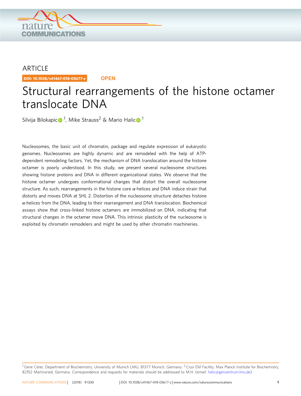 Structural Rearrangements of the Histone Octamer Translocate DNA